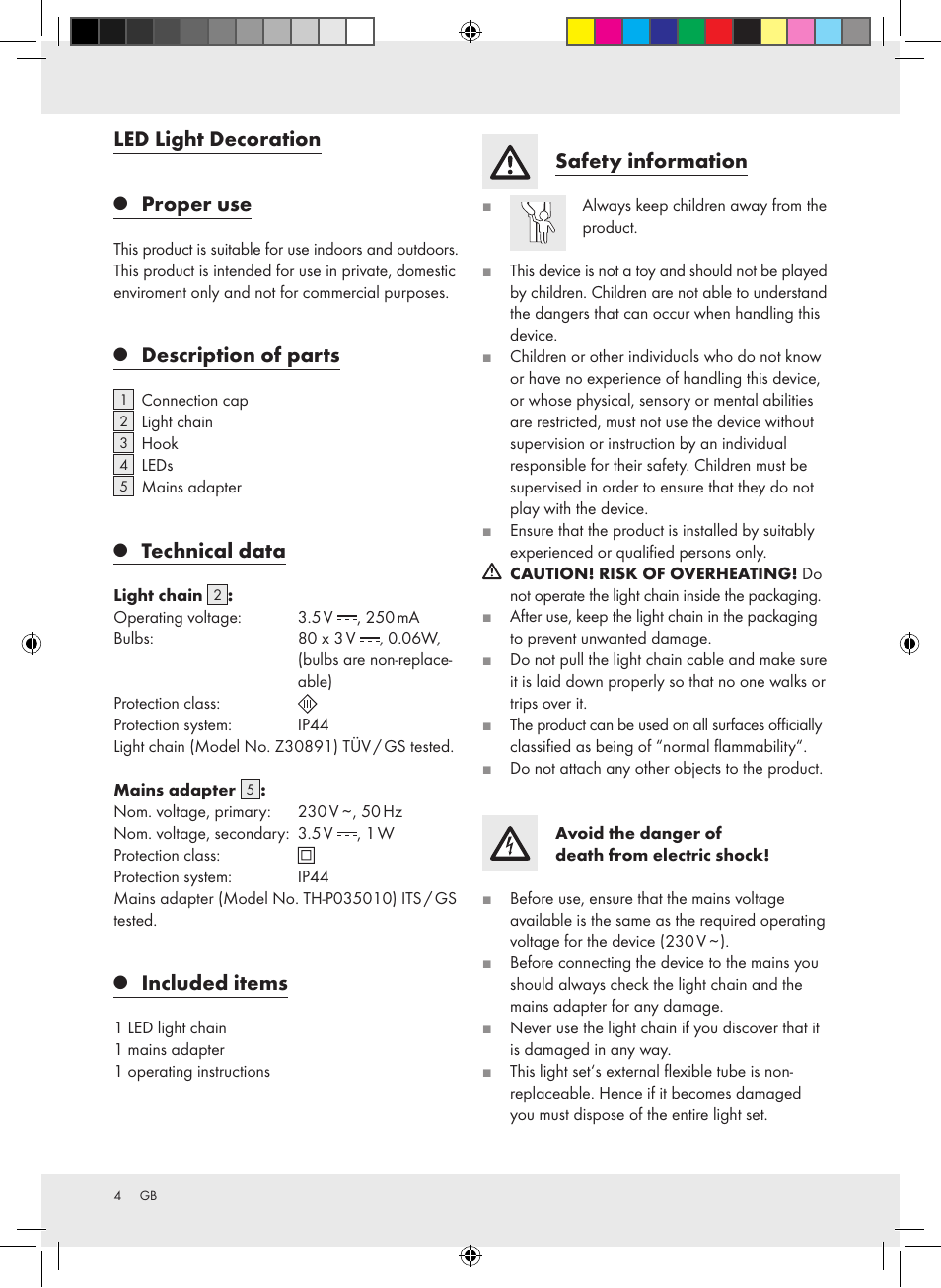 Led light decoration, Proper use, Description of parts | Technical data, Included items, Safety information | Melinera Z30891-BS User Manual | Page 4 / 20