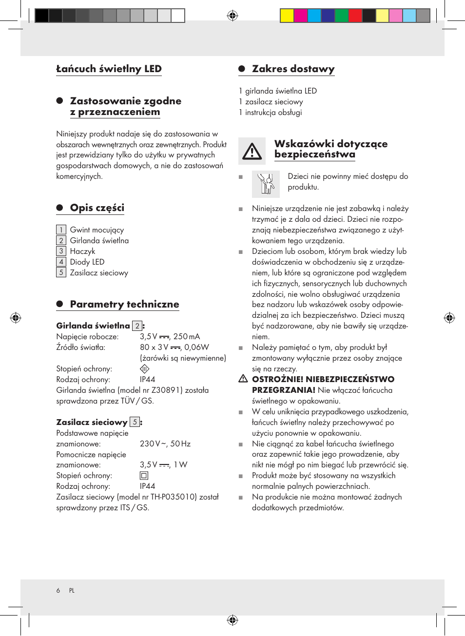 Łańcuch świetlny led, Zastosowanie zgodne z przeznaczeniem, Opis części | Parametry techniczne, Zakres dostawy, Wskazówki dotyczące bezpieczeństwa | Melinera Z30891-BS User Manual | Page 6 / 20