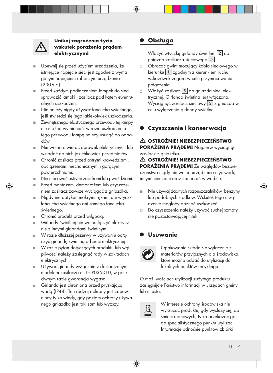 Obsługa, Czyszczenie i konserwacja, Usuwanie | Melinera Z30891-BS User Manual | Page 7 / 20