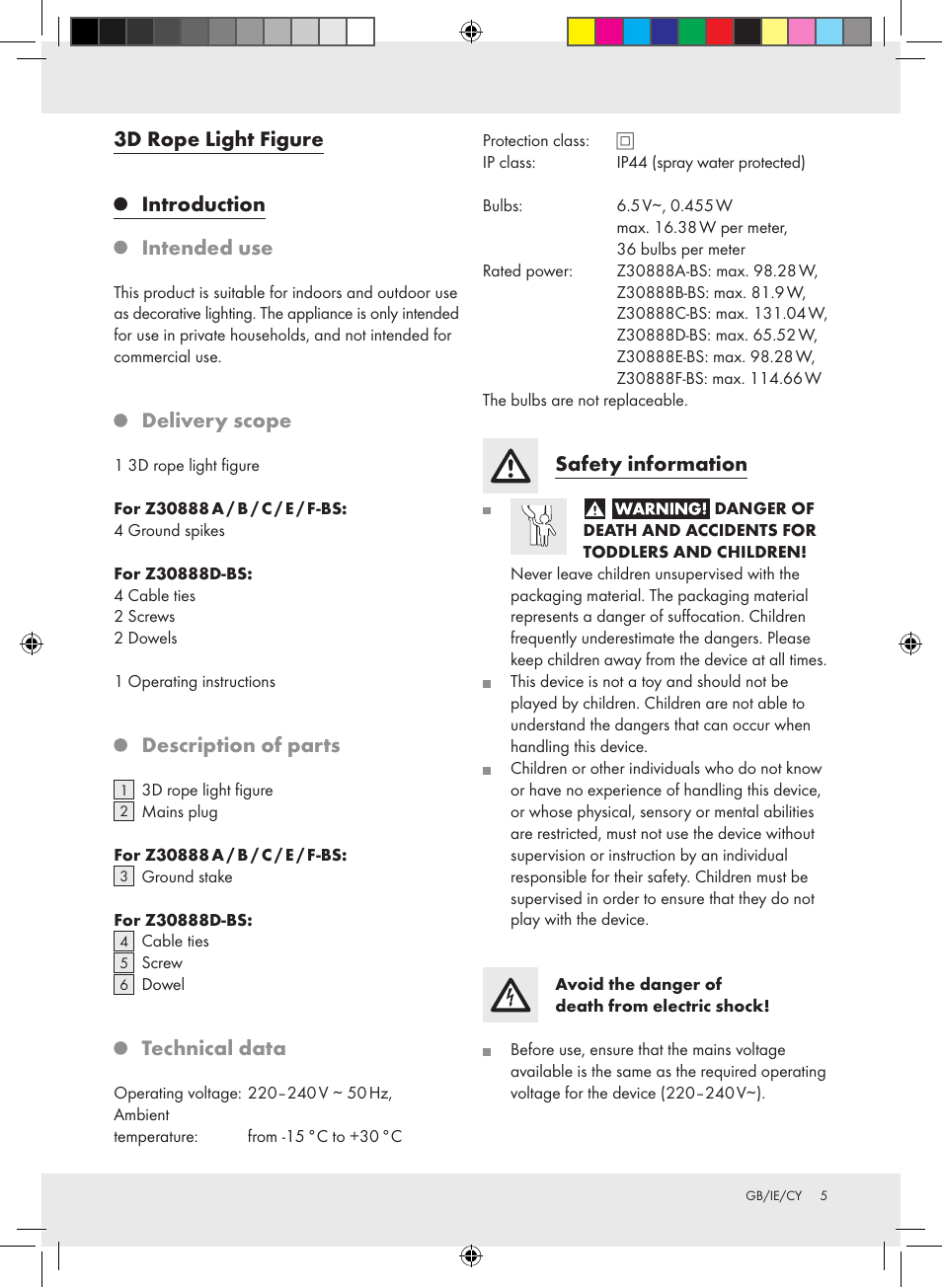 3d rope light figure, Introduction, Intended use | Delivery scope, Description of parts, Technical data, Safety information | Melinera Z30888 User Manual | Page 5 / 8