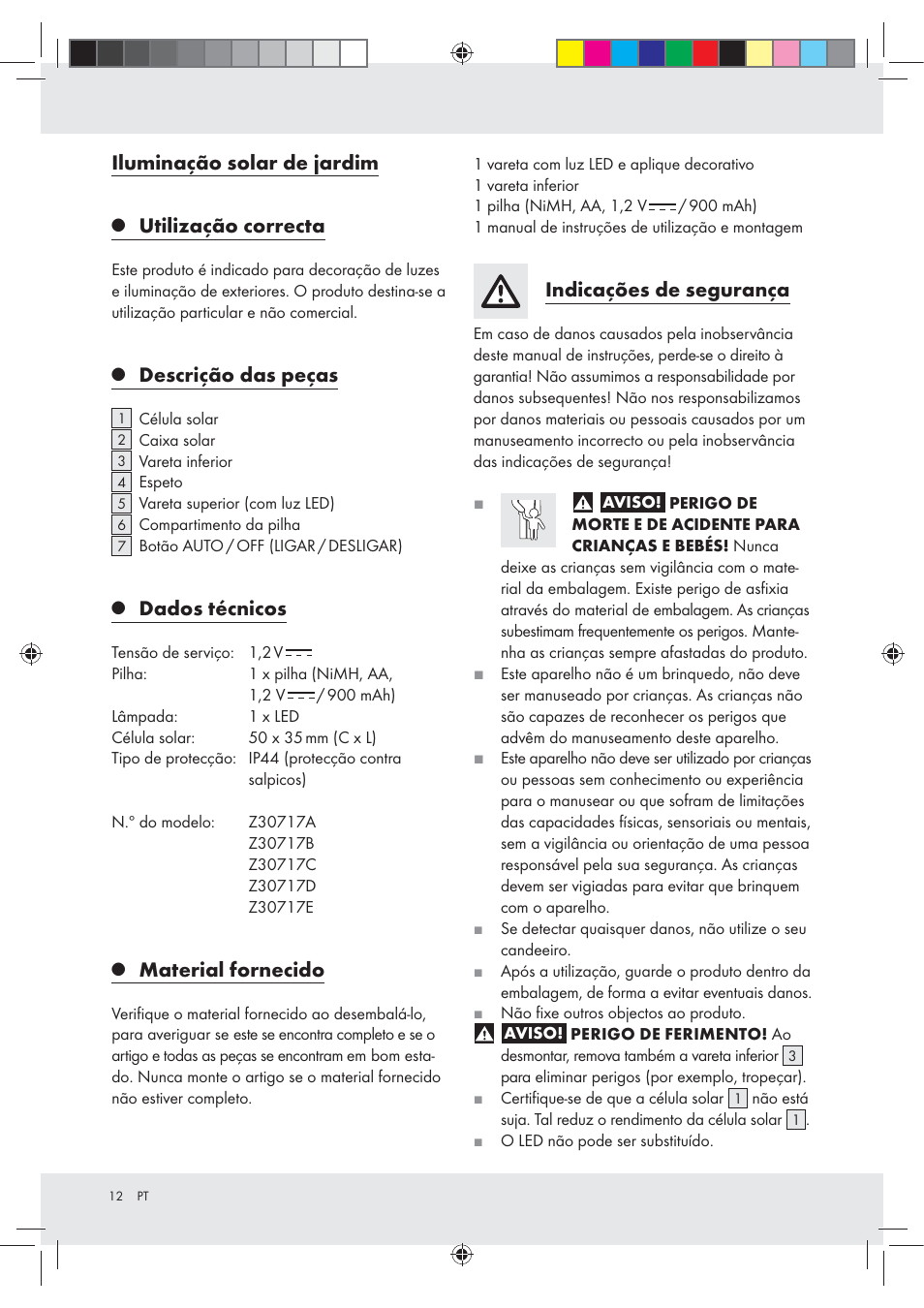 Iluminação solar de jardim, Utilização correcta, Descrição das peças | Dados técnicos, Material fornecido, Indicações de segurança | Melinera Z30717 User Manual | Page 12 / 24