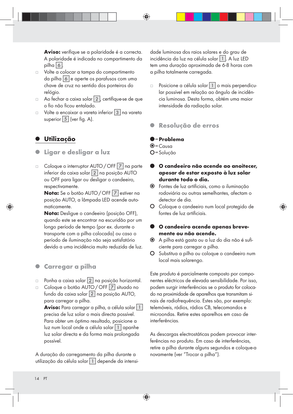 Utilização, Ligar e desligar a luz, Carregar a pilha | Resolução de erros | Melinera Z30717 User Manual | Page 14 / 24