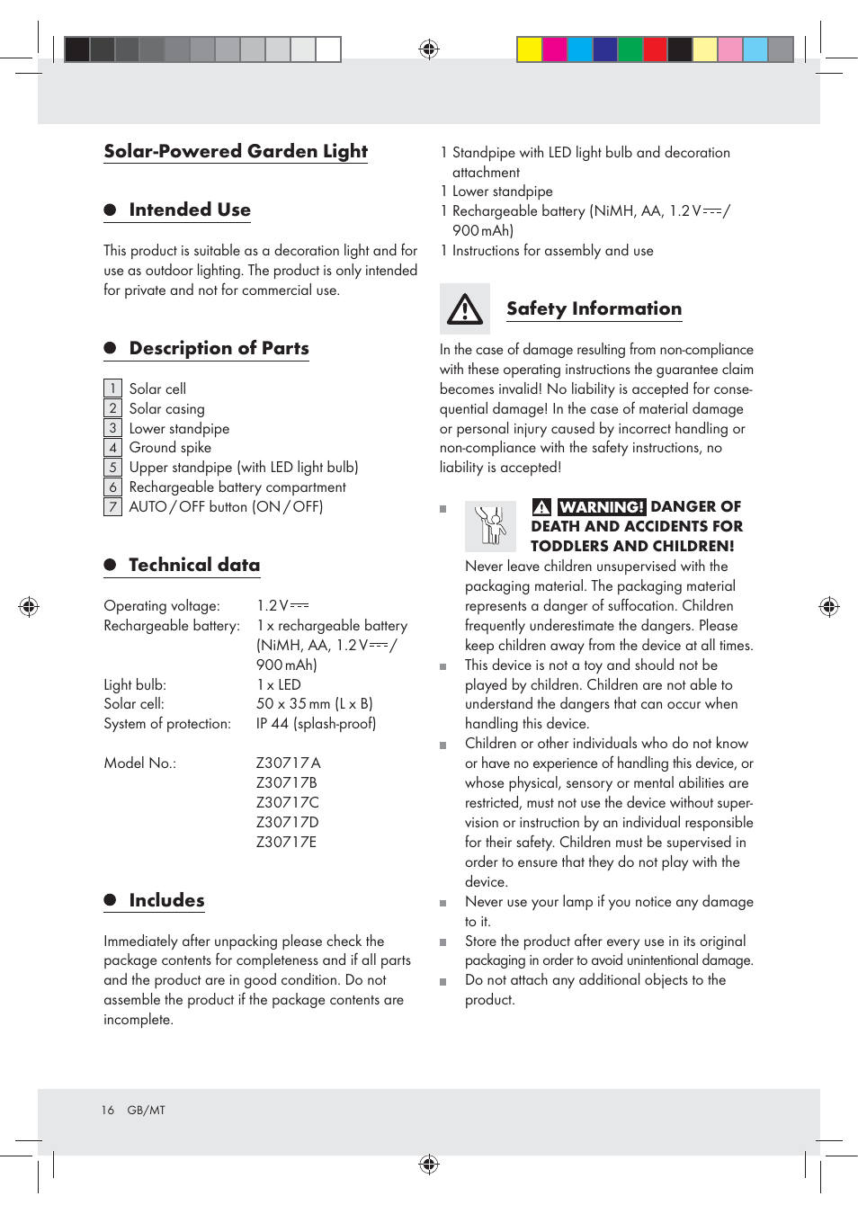 Solar-powered garden light intended use, Description of parts, Technical data | Includes, Safety information | Melinera Z30717 User Manual | Page 16 / 24