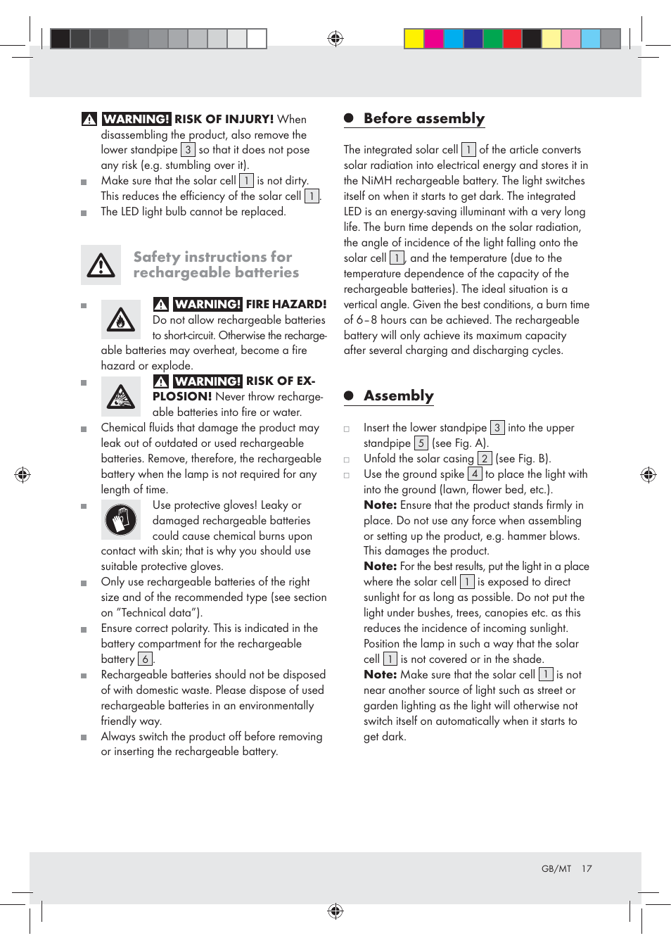Safety instructions for rechargeable batteries, Before assembly, Assembly | Melinera Z30717 User Manual | Page 17 / 24