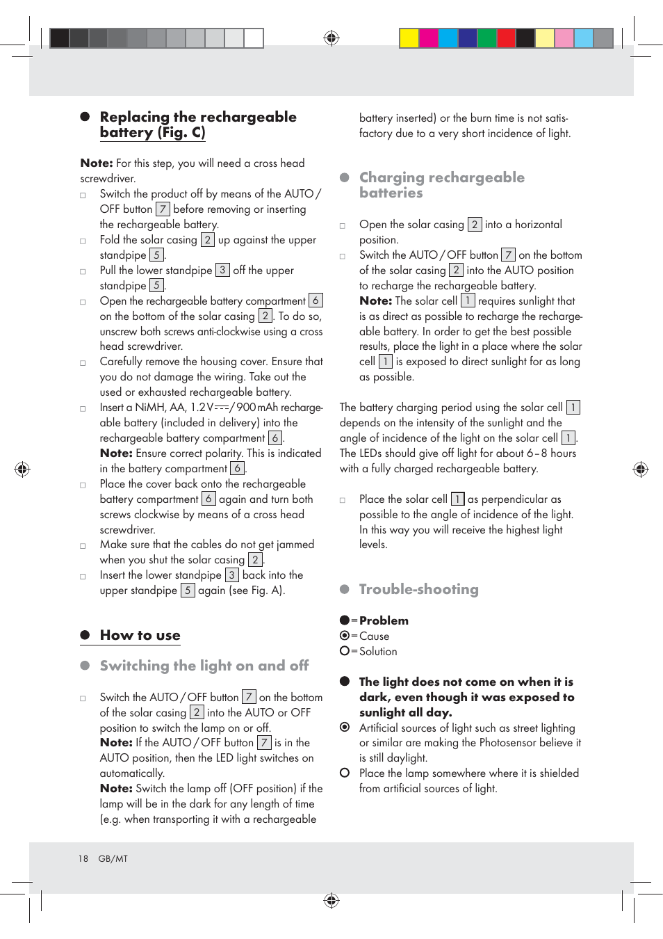 Replacing the rechargeable battery (fig. c), How to use switching the light on and oﬀ, Charging rechargeable batteries | Trouble-shooting | Melinera Z30717 User Manual | Page 18 / 24