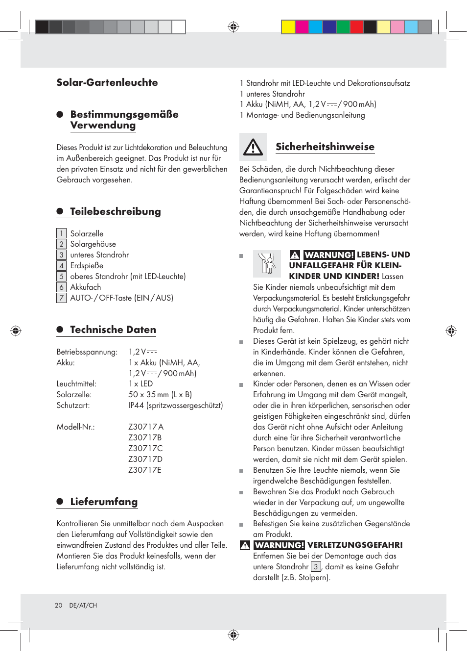 Solar-gartenleuchte bestimmungsgemäße verwendung, Teilebeschreibung, Technische daten | Lieferumfang, Sicherheitshinweise | Melinera Z30717 User Manual | Page 20 / 24