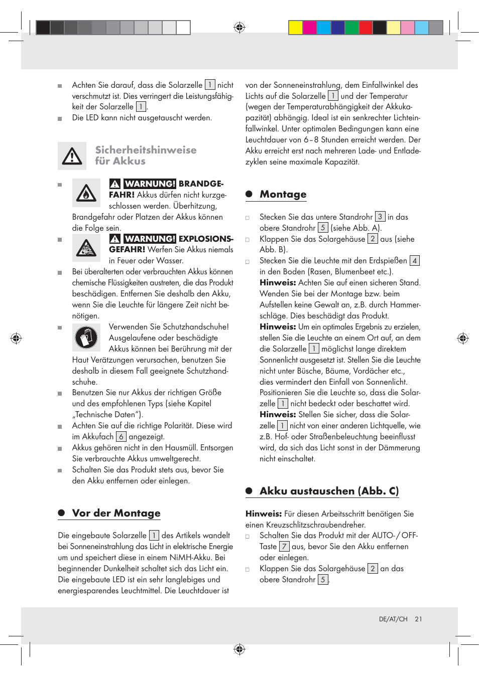 Sicherheitshinweise für akkus, Vor der montage, Montage | Akku austauschen (abb. c) | Melinera Z30717 User Manual | Page 21 / 24