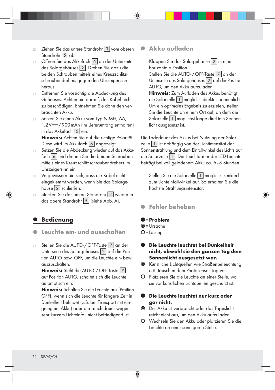Bedienung leuchte ein- und ausschalten, Akku auﬂaden, Fehler beheben | Melinera Z30717 User Manual | Page 22 / 24
