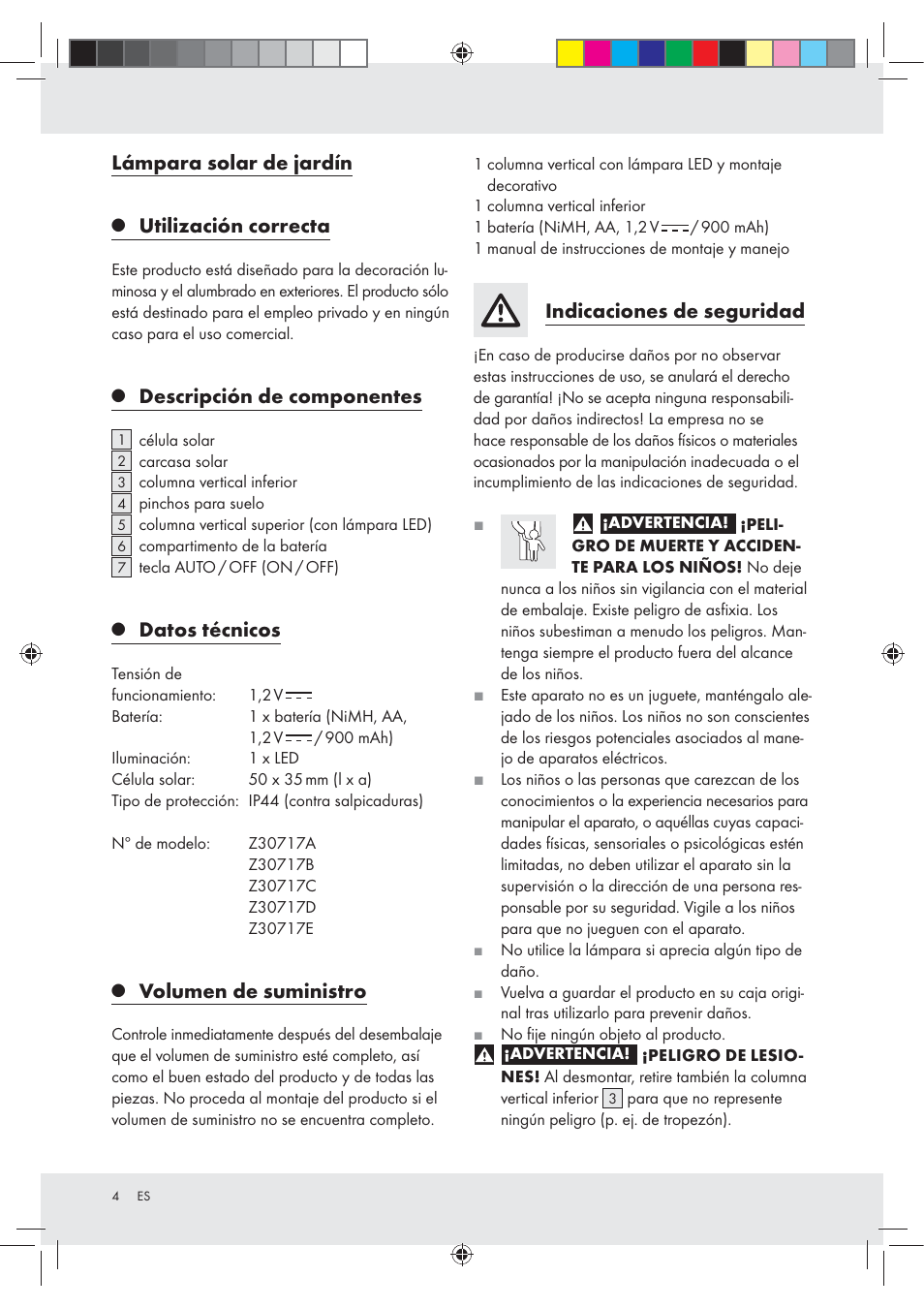 Lámpara solar de jardín, Utilización correcta, Descripción de componentes | Datos técnicos, Volumen de suministro, Indicaciones de seguridad | Melinera Z30717 User Manual | Page 4 / 24