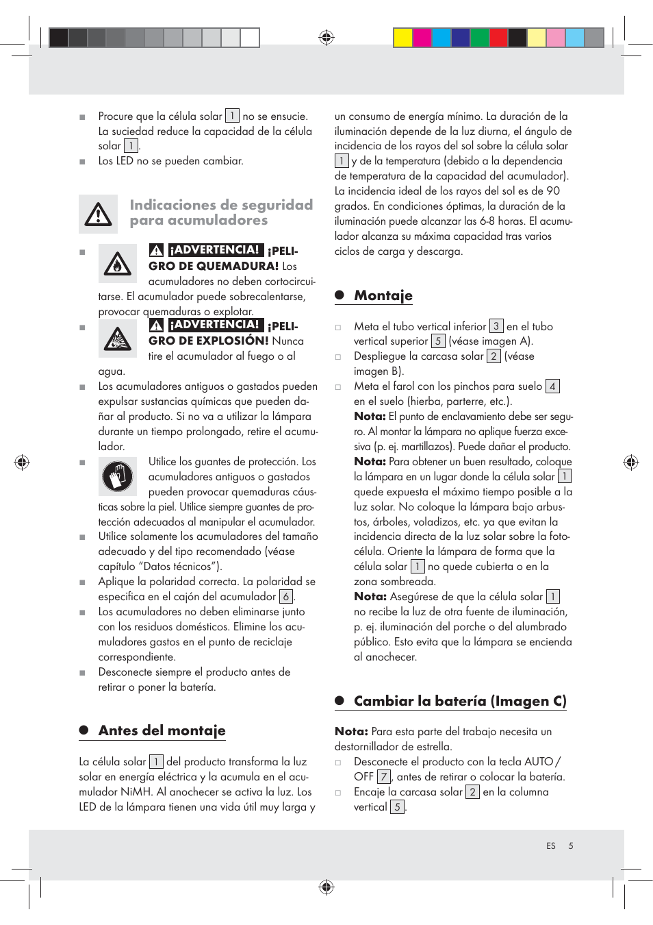 Indicaciones de seguridad para acumuladores, Antes del montaje, Montaje | Cambiar la batería (imagen c) | Melinera Z30717 User Manual | Page 5 / 24
