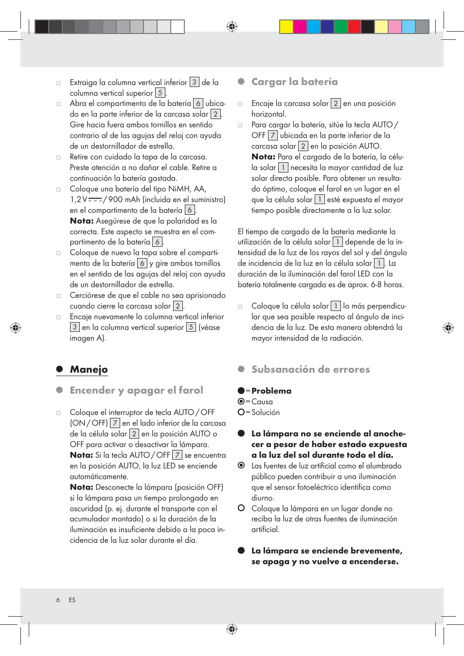 Manejo, Encender y apagar el farol, Cargar la batería | Subsanación de errores | Melinera Z30717 User Manual | Page 6 / 24