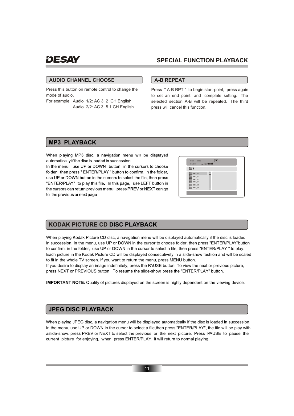 Special function playback, Jpeg disc playback kodak picture cd disc playback, Mp3 playback | Audio channel choose, A-b repeat | Desay DS-5701 User Manual | Page 13 / 23