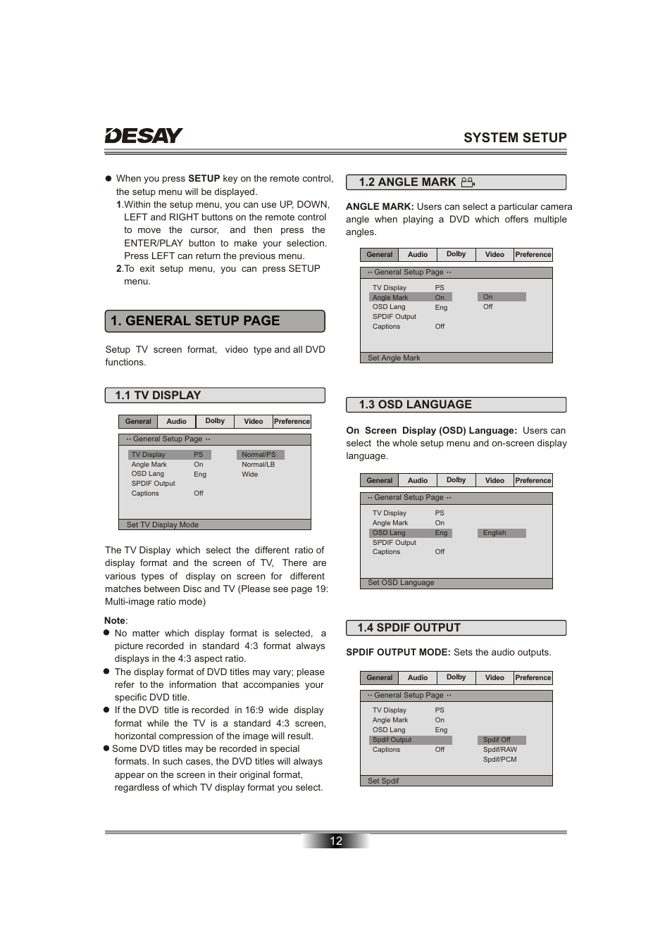 System setup, General setup page, 1 tv display | 2 angle mark 1.3 osd language, 4 spdif output | Desay DS-5701 User Manual | Page 14 / 23