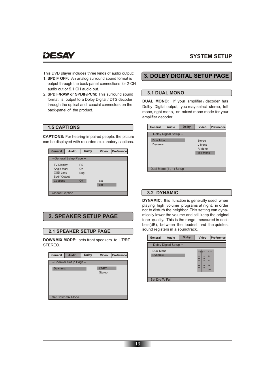 System setup, Speaker setup page, Dolby digital setup page | 13 1.5 captions, 1 speaker setup page, 1 dual mono, 2 dynamic | Desay DS-5701 User Manual | Page 15 / 23