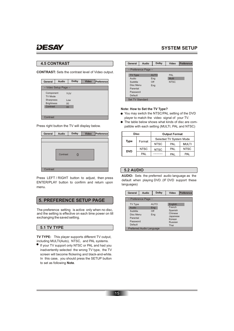 System setup, Preference setup page, 5 contrast | 1 tv type, 2 audio | Desay DS-5701 User Manual | Page 17 / 23