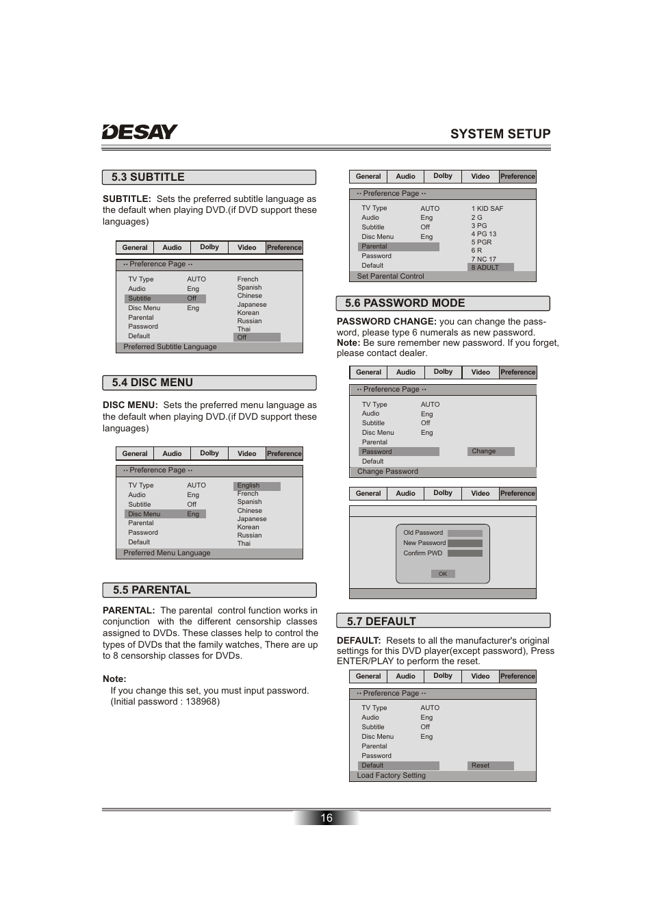 System setup, 16 5.4 disc menu, 5 parental | 6 password mode, 7 default, 3 subtitle | Desay DS-5701 User Manual | Page 18 / 23