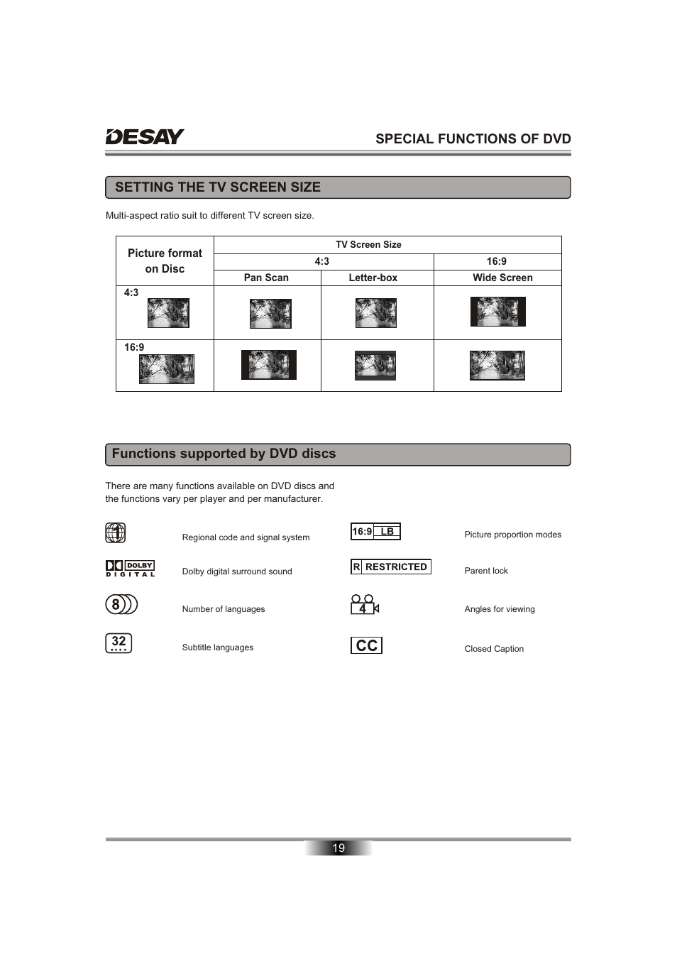 Setting the tv screen size, Functions supported by dvd discs, Special functions of dvd | Desay DS-5701 User Manual | Page 21 / 23