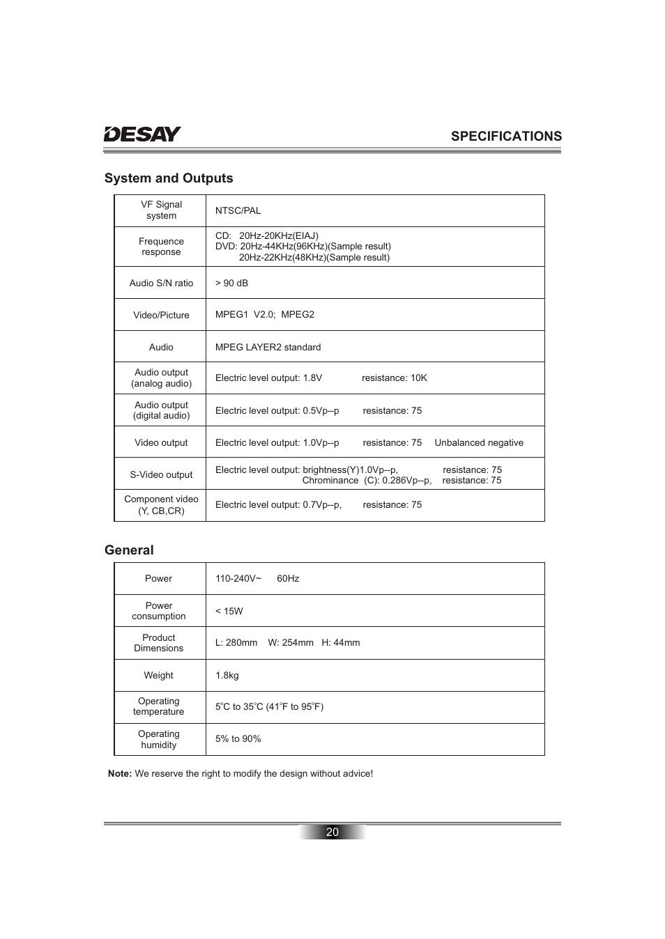 Specifications, System and outputs, General | Desay DS-5701 User Manual | Page 22 / 23