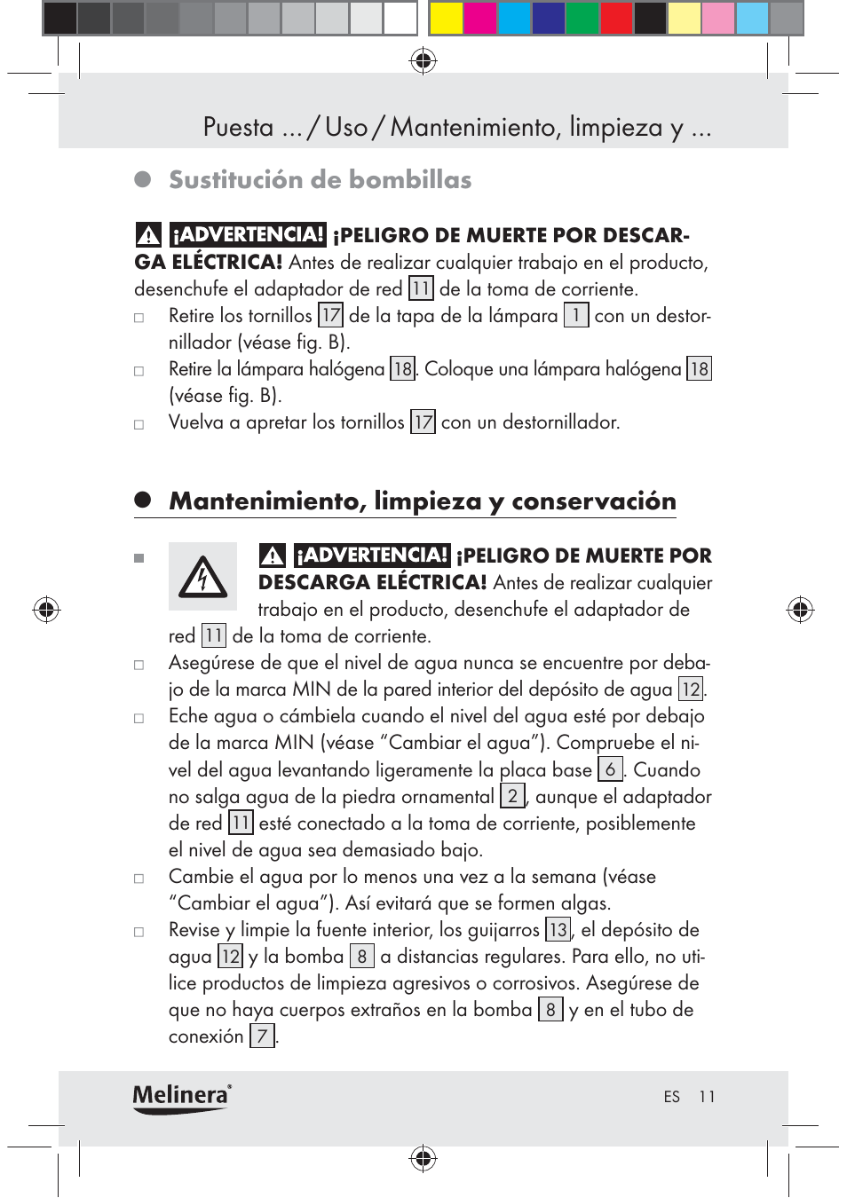 Puesta … / uso / mantenimiento, limpieza y, Sustitución de bombillas, Mantenimiento, limpieza y conservación | Melinera Z30094C-BS User Manual | Page 11 / 56