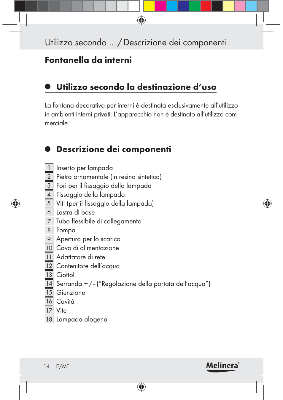 Utilizzo secondo … / descrizione dei componenti, Fontanella da interni, Utilizzo secondo la destinazione d’uso | Descrizione dei componenti | Melinera Z30094C-BS User Manual | Page 14 / 56