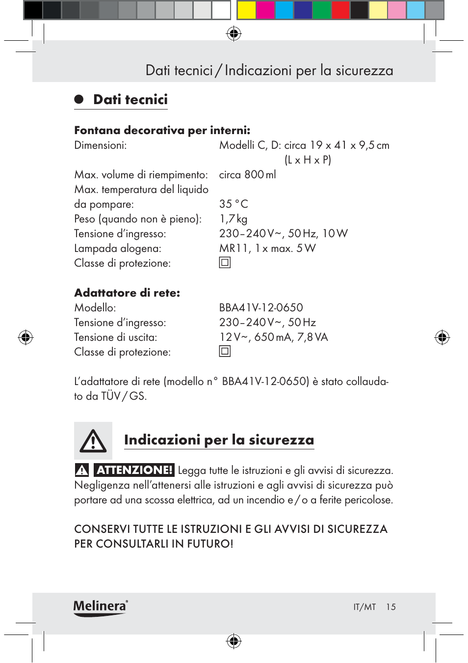 Dati tecnici / indicazioni per la sicurezza, Dati tecnici, Indicazioni per la sicurezza | Melinera Z30094C-BS User Manual | Page 15 / 56