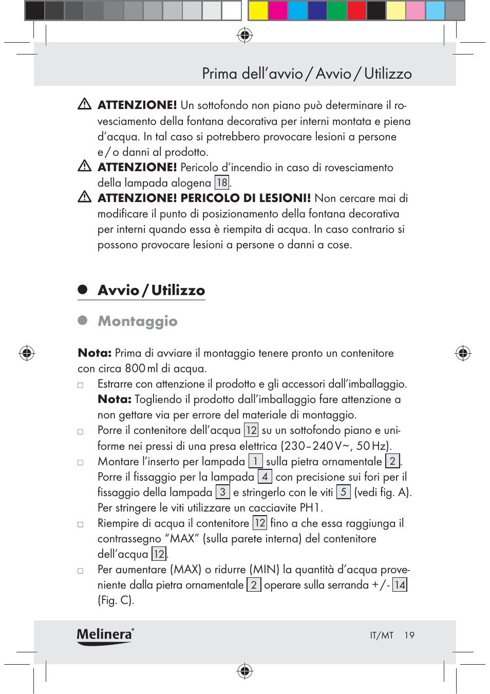 Prima dell’avvio / avvio / utilizzo, Avvio / utilizzo, Montaggio | Melinera Z30094C-BS User Manual | Page 19 / 56