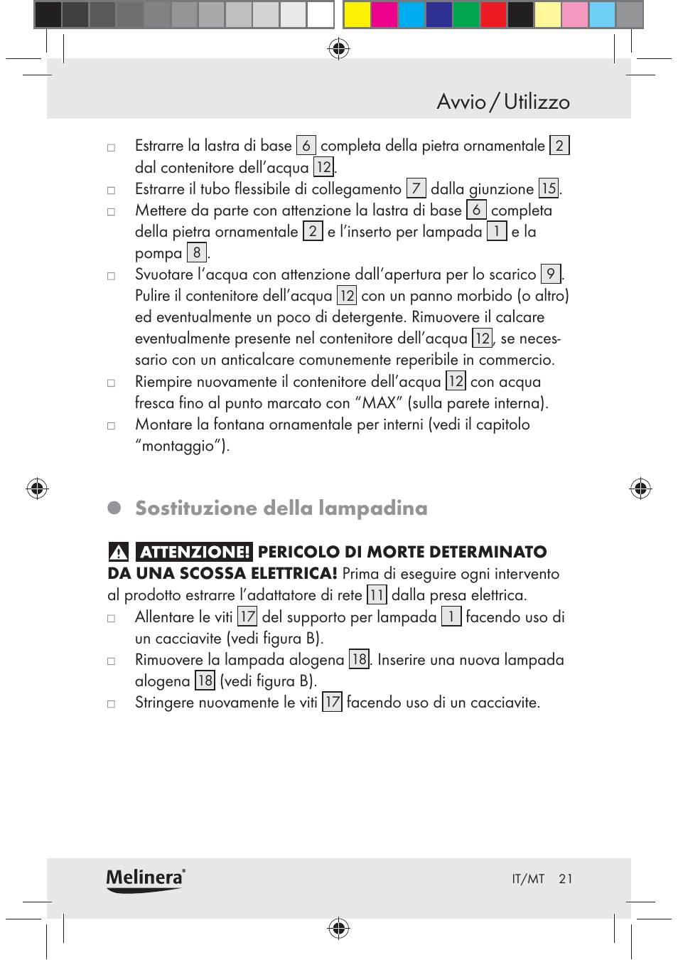 Avvio / utilizzo, Sostituzione della lampadina | Melinera Z30094C-BS User Manual | Page 21 / 56