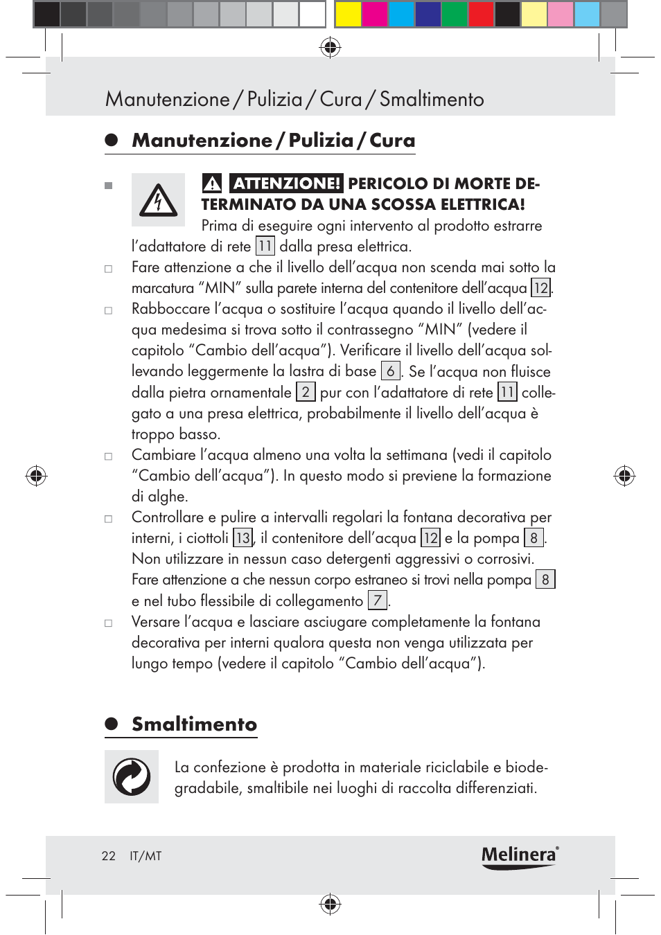 Manutenzione / pulizia / cura / smaltimento, Manutenzione / pulizia / cura, Smaltimento | Melinera Z30094C-BS User Manual | Page 22 / 56