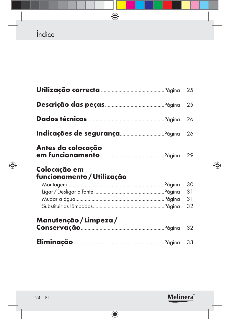 Índice, Utilização correcta, Descrição das peças | Dados técnicos, Indicações de segurança, Antes da colocação em funcionamento, Colocação em funcionamento / utilização, Manutenção / limpeza / conservação, Eliminação | Melinera Z30094C-BS User Manual | Page 24 / 56