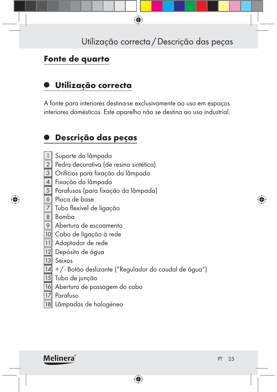 Utilização correcta / descrição das peças, Fonte de quarto, Utilização correcta | Descrição das peças | Melinera Z30094C-BS User Manual | Page 25 / 56