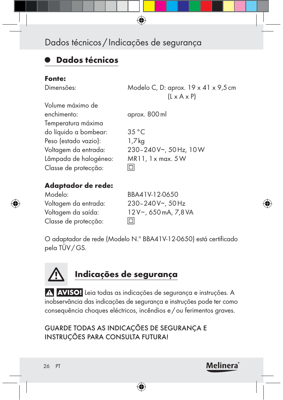 Dados técnicos / indicações de segurança, Dados técnicos, Indicações de segurança | Melinera Z30094C-BS User Manual | Page 26 / 56