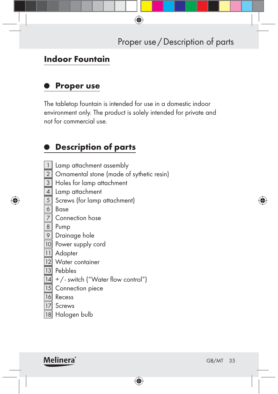 Proper use / description of parts, Indoor fountain, Proper use | Description of parts | Melinera Z30094C-BS User Manual | Page 35 / 56