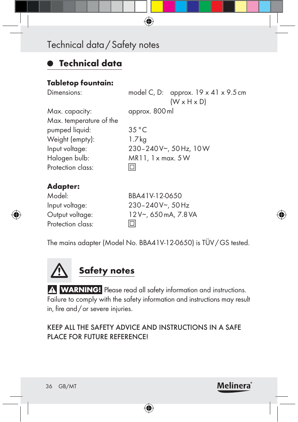 Technical data | Melinera Z30094C-BS User Manual | Page 36 / 56