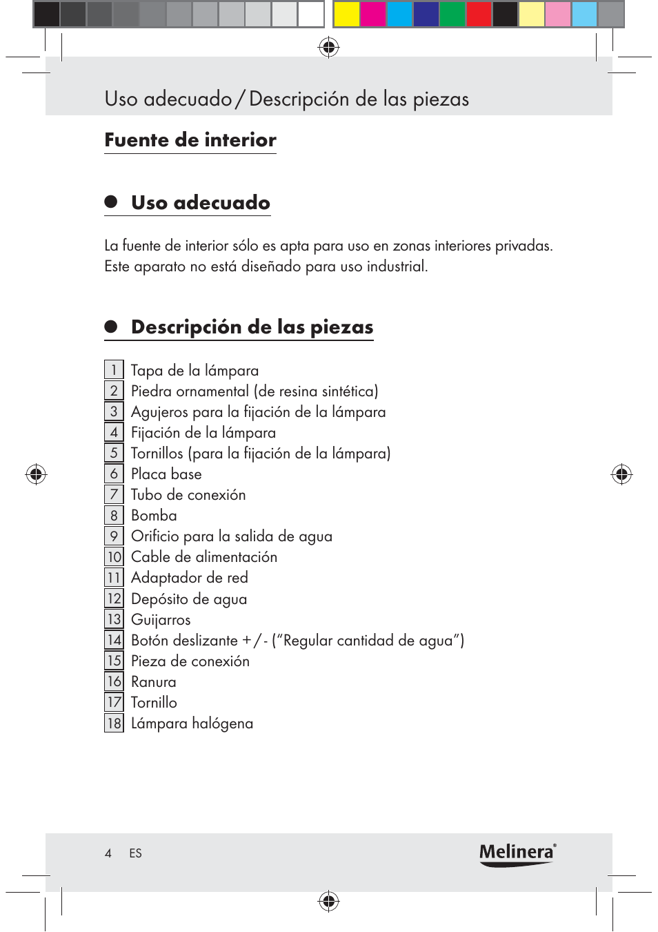 Uso adecuado / descripción de las piezas, Fuente de interior, Uso adecuado | Descripción de las piezas | Melinera Z30094C-BS User Manual | Page 4 / 56