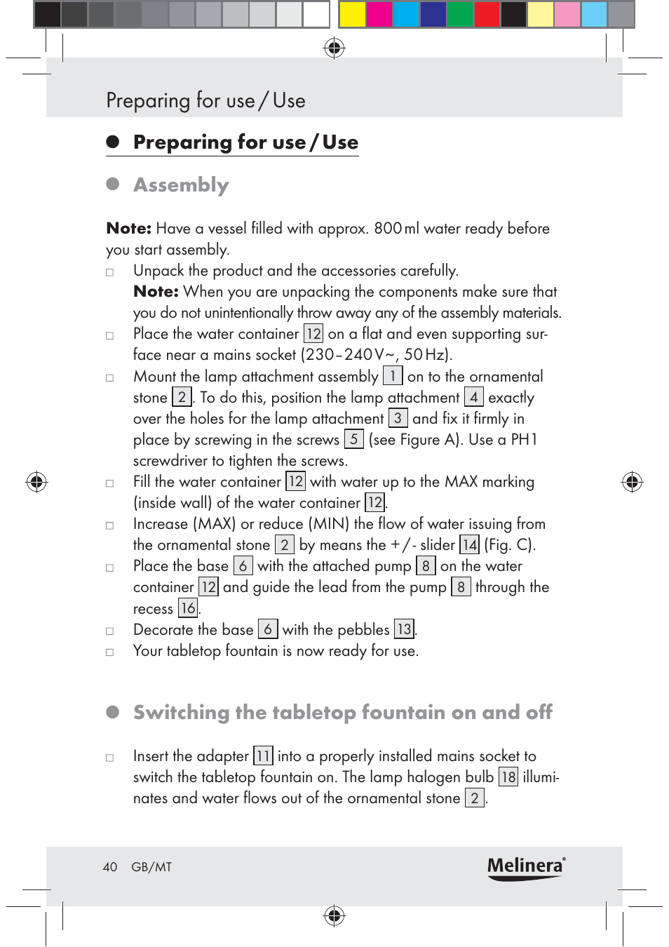 Preparing for use / use, Assembly, Switching the tabletop fountain on and oﬀ | Melinera Z30094C-BS User Manual | Page 40 / 56