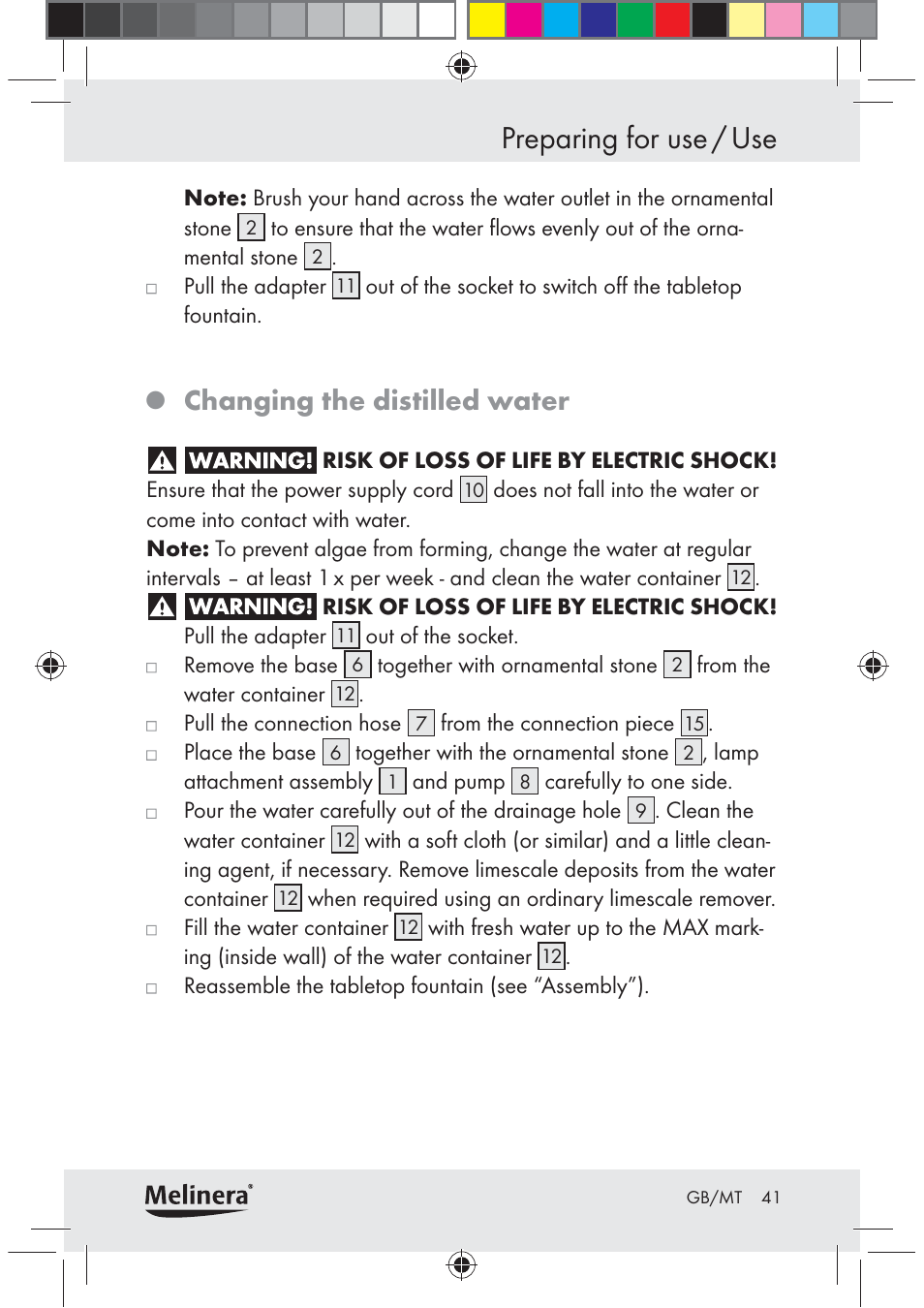 Preparing for use / use, Changing the distilled water | Melinera Z30094C-BS User Manual | Page 41 / 56