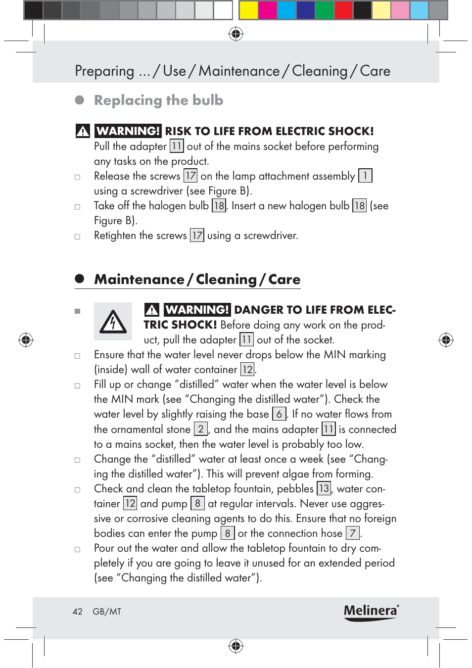 Preparing … / use / maintenance / cleaning / care, Replacing the bulb, Maintenance / cleaning / care | Melinera Z30094C-BS User Manual | Page 42 / 56