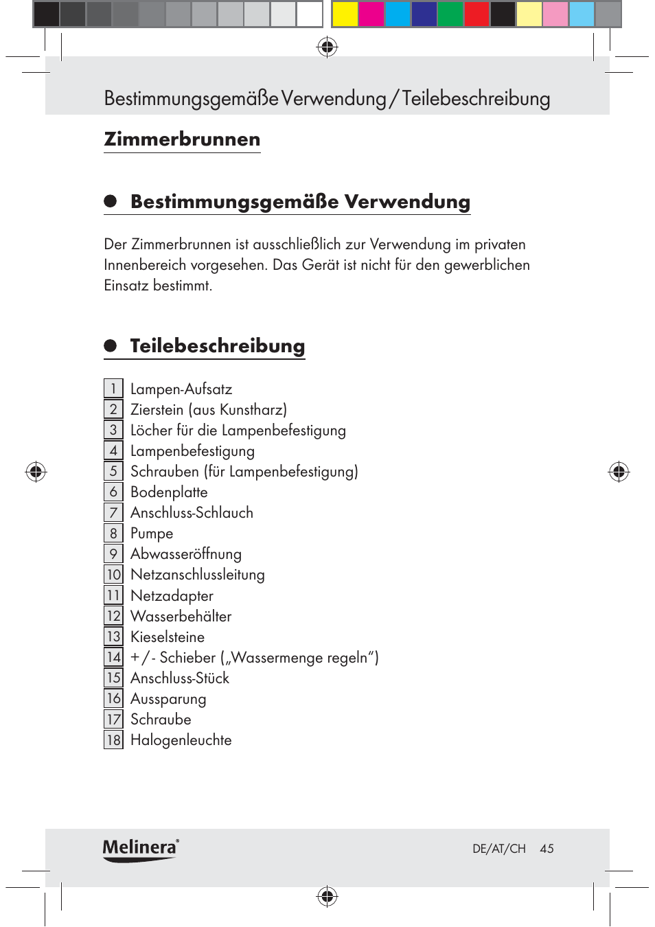 Bestimmungsgemäße verwendung / teilebeschreibung, Zimmerbrunnen bestimmungsgemäße verwendung, Teilebeschreibung | Melinera Z30094C-BS User Manual | Page 45 / 56