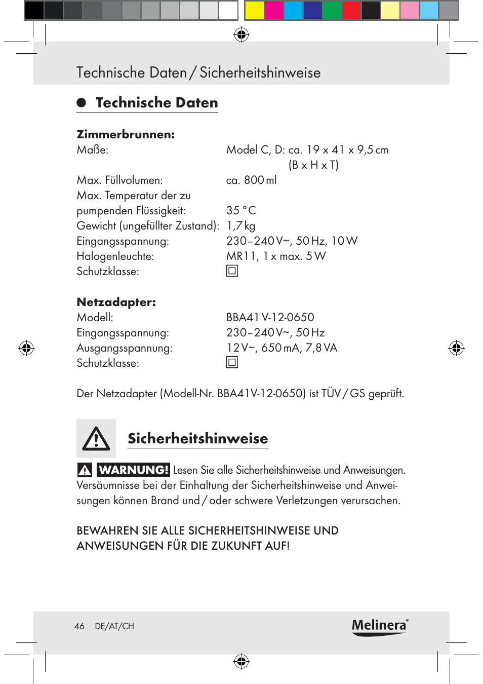 Technische daten / sicherheitshinweise, Technische daten, Sicherheitshinweise | Melinera Z30094C-BS User Manual | Page 46 / 56