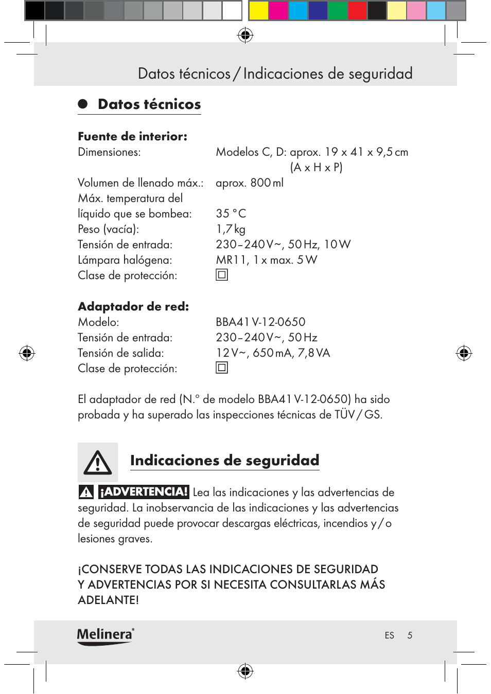 Datos técnicos / indicaciones de seguridad, Datos técnicos, Indicaciones de seguridad | Melinera Z30094C-BS User Manual | Page 5 / 56