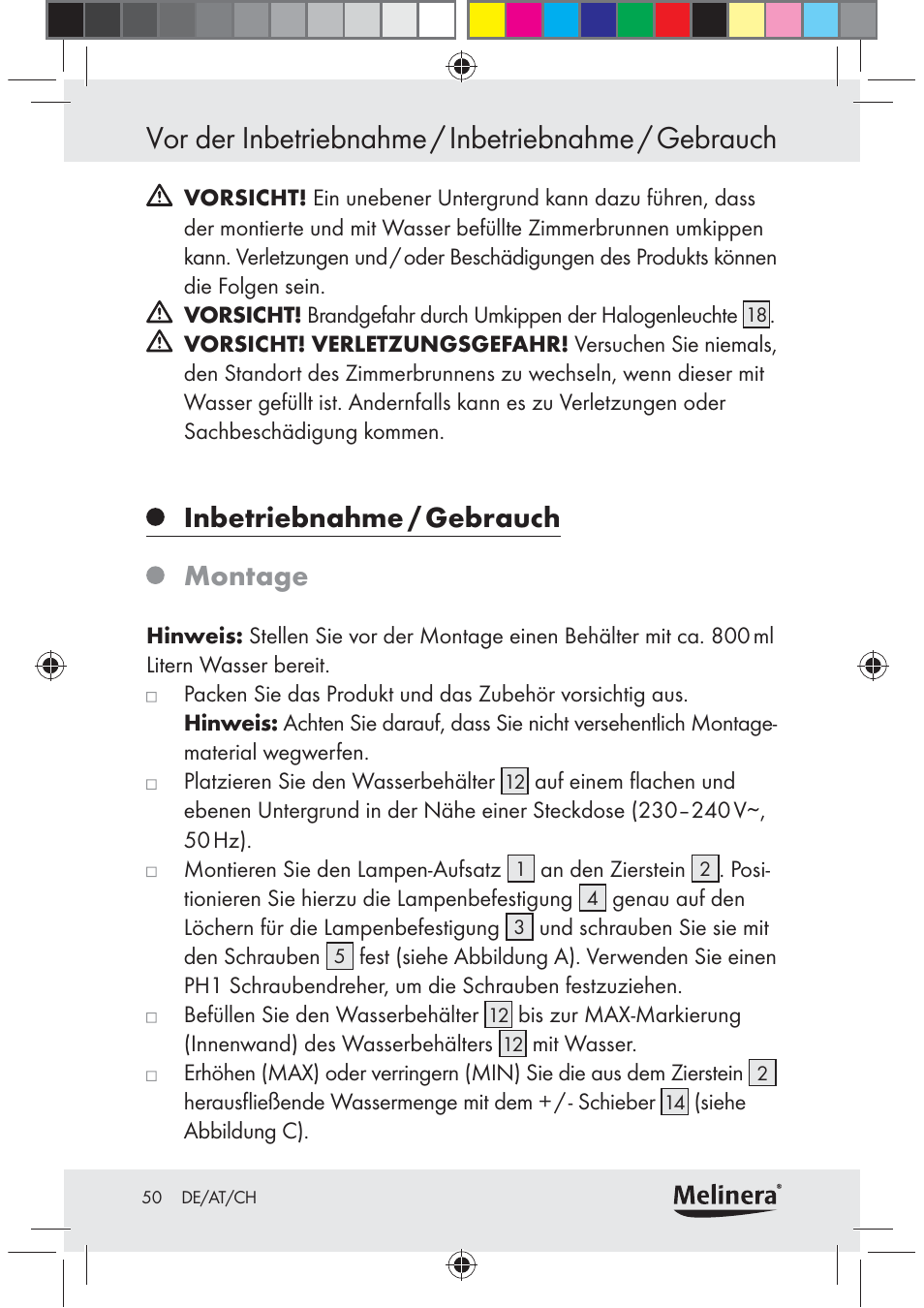 Vor der inbetriebnahme / inbetriebnahme / gebrauch, Inbetriebnahme / gebrauch, Montage | Melinera Z30094C-BS User Manual | Page 50 / 56