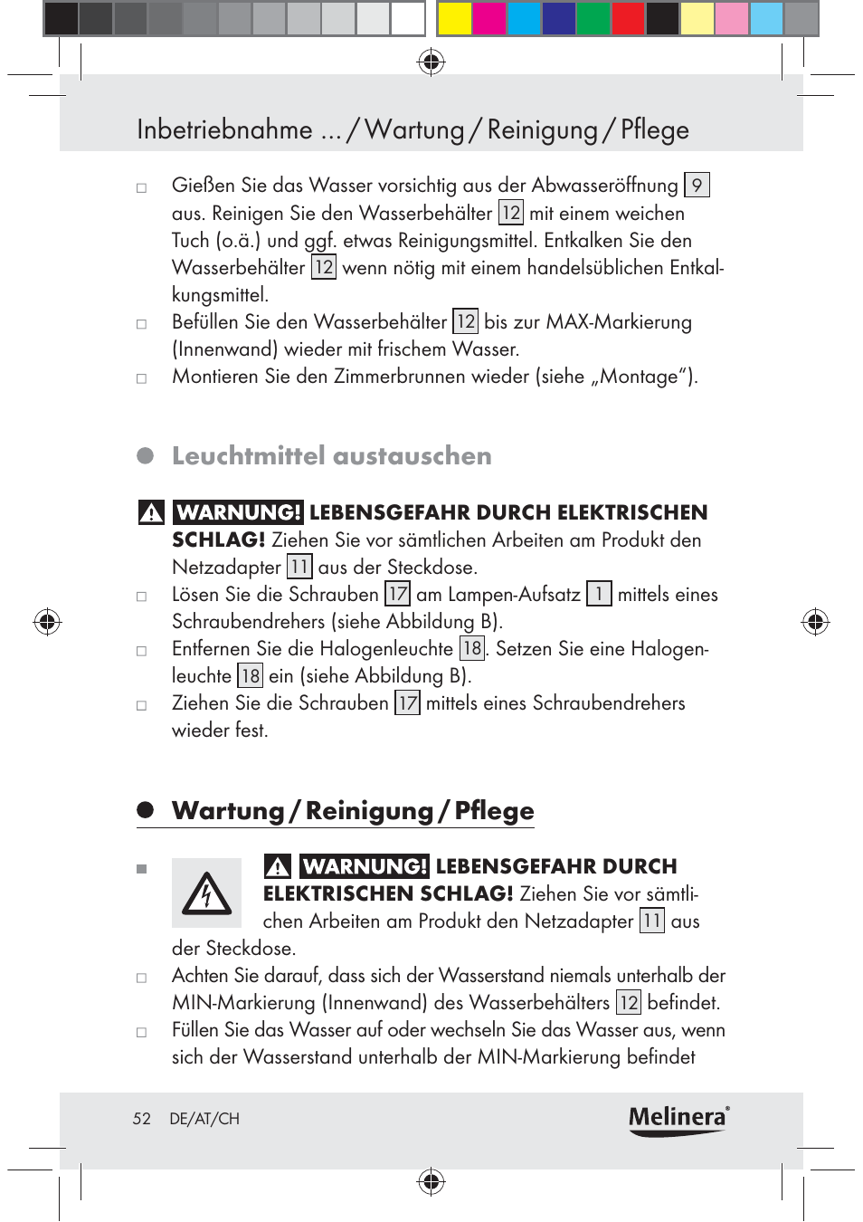 Inbetriebnahme … / wartung / reinigung / pflege, Leuchtmittel austauschen, Wartung / reinigung / pﬂege | Melinera Z30094C-BS User Manual | Page 52 / 56