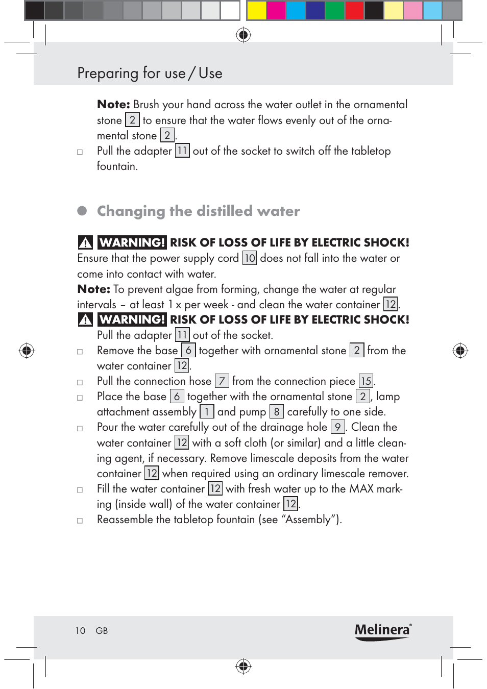 Preparing for use / use, Changing the distilled water | Melinera Z30094C-BS User Manual | Page 10 / 85