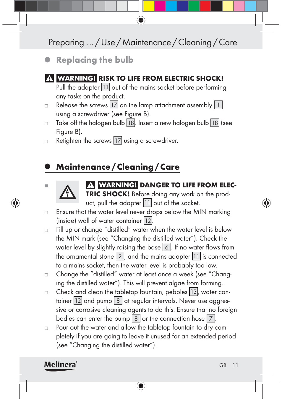 Preparing … / use / maintenance / cleaning / care, Replacing the bulb, Maintenance / cleaning / care | Melinera Z30094C-BS User Manual | Page 11 / 85