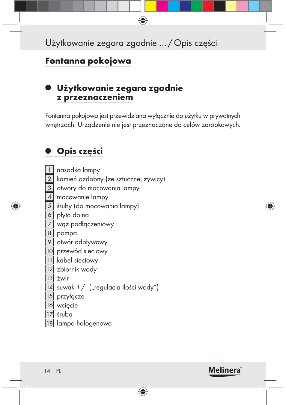 Użytkowanie zegara zgodnie … / opis części, Fontanna pokojowa, Użytkowanie zegara zgodnie z przeznaczeniem | Opis części | Melinera Z30094C-BS User Manual | Page 14 / 85