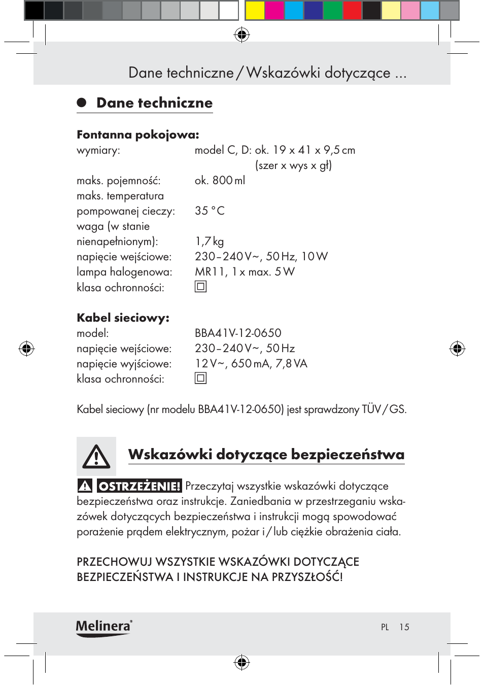 Dane techniczne / wskazówki dotyczące, Dane techniczne, Wskazówki dotyczące bezpieczeństwa | Melinera Z30094C-BS User Manual | Page 15 / 85