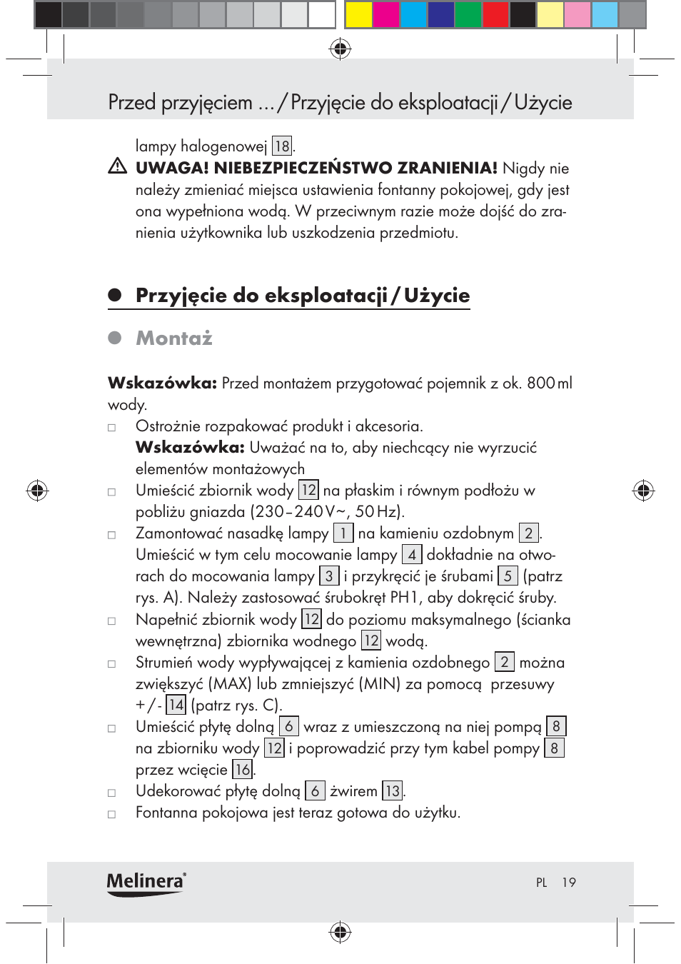 Przyjęcie do eksploatacji / użycie, Montaż | Melinera Z30094C-BS User Manual | Page 19 / 85