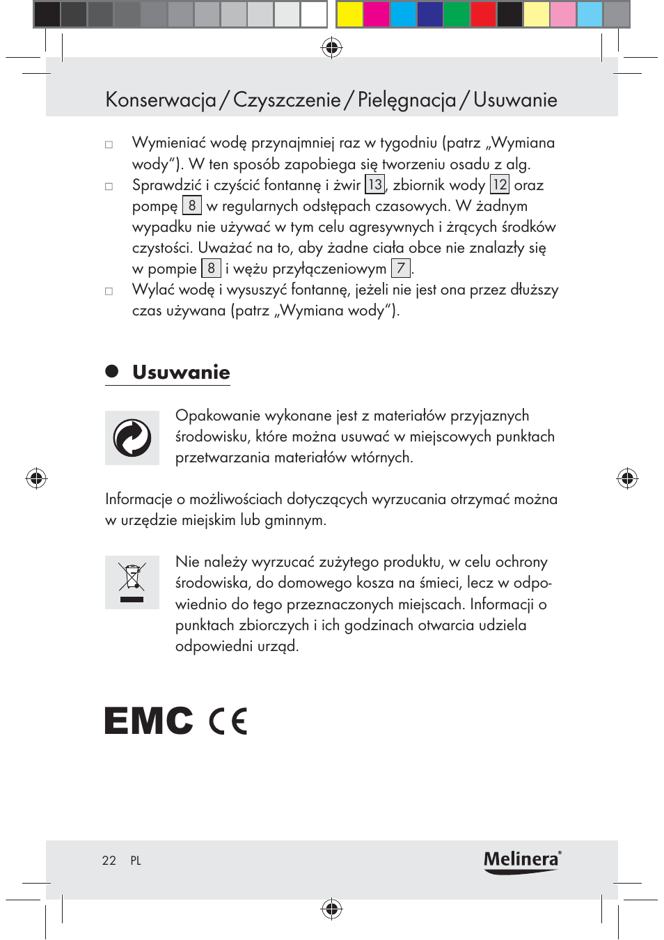 Konserwacja / czyszczenie / pielęgnacja / usuwanie, Usuwanie | Melinera Z30094C-BS User Manual | Page 22 / 85