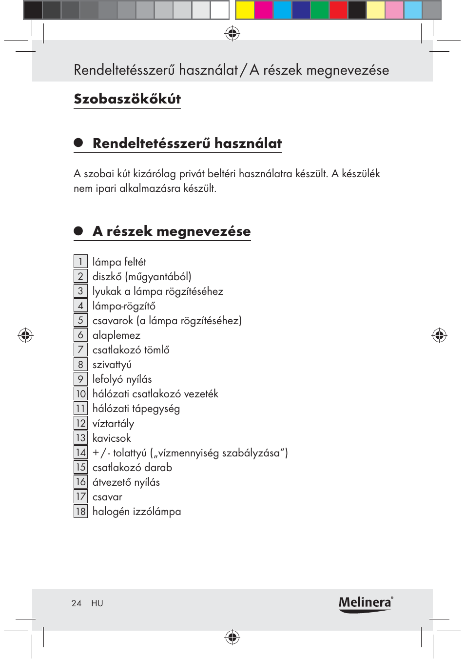 Rendeltetésszerű használat / a részek megnevezése, Szobaszökőkút, Rendeltetésszerű használat | A részek megnevezése | Melinera Z30094C-BS User Manual | Page 24 / 85