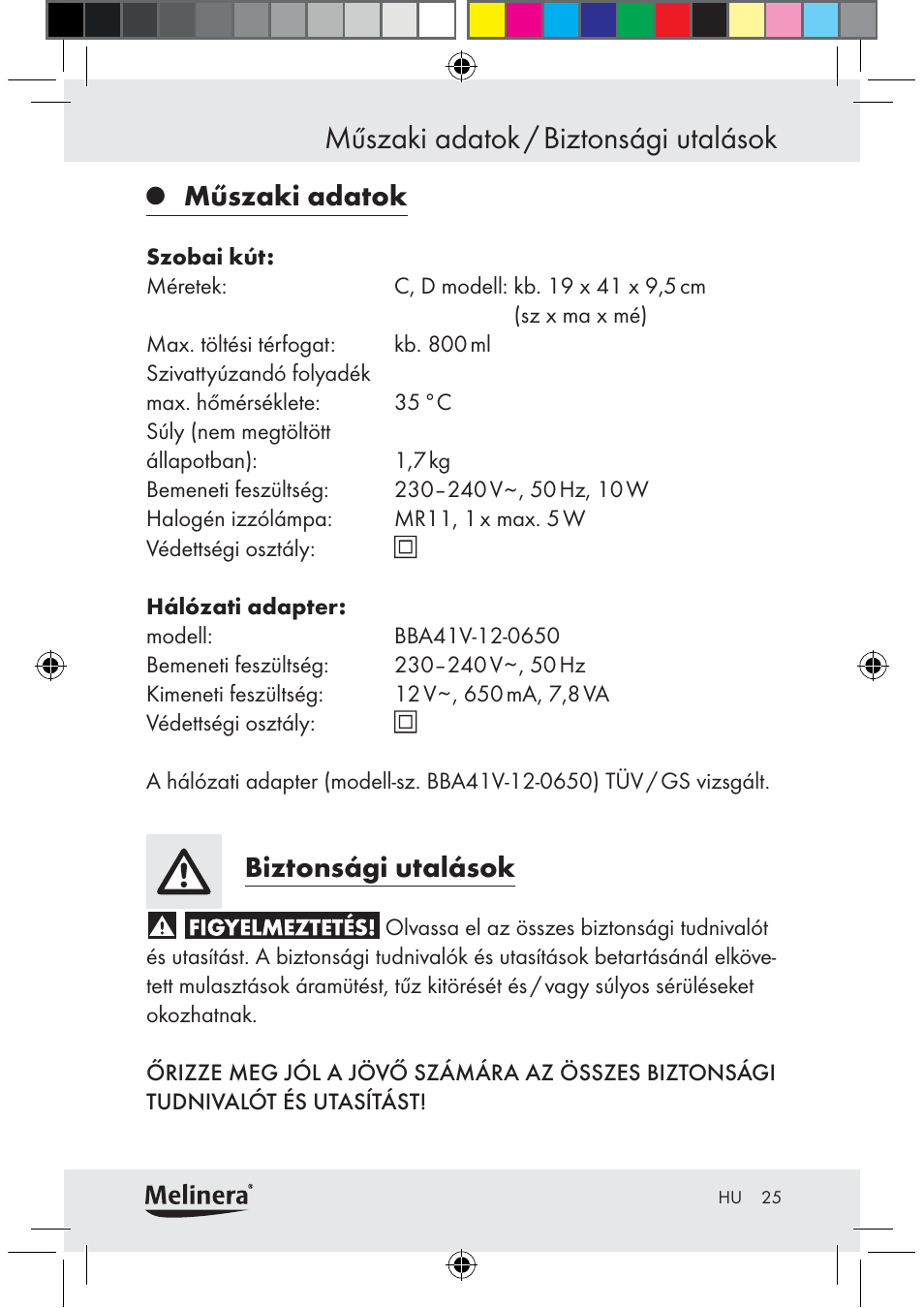 Műszaki adatok / biztonsági utalások, Műszaki adatok, Biztonsági utalások | Melinera Z30094C-BS User Manual | Page 25 / 85